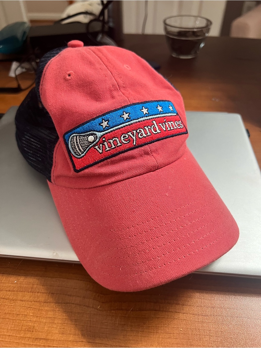 Vineyard Vines Kids Coral Pink & Navy Mesh Hat with Lacrosse stick